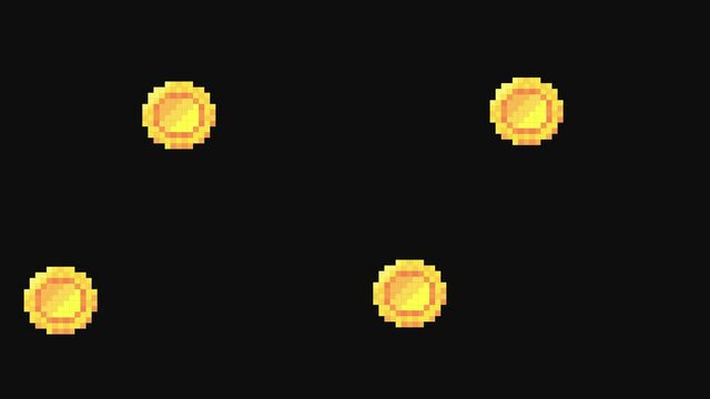 Rain from the golden coins. Pixel art. Retro game style. Animation on black screen background. 4K resolution.