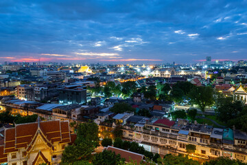Bangkok Thailand night skyline panoramic view of city golden temples and buildings