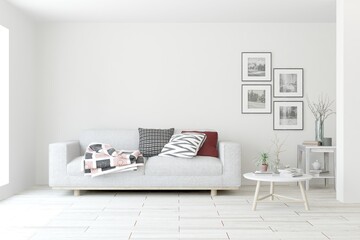 White living room with sofa. Scandinavian interior design. 3D illustration