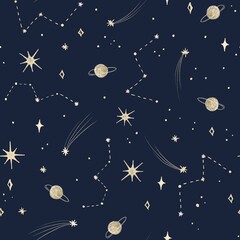 Cosmic hand drawn pattern with stars, comets, galaxies and planets