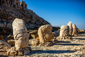 Antique statues on Nemrut mountain, Turkey. The UNESCO World Heritage Site at Mount Nemrut where...