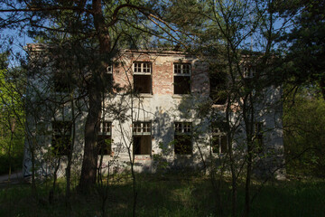 Obraz premium An abandoned, windowless building in the middle of a forest