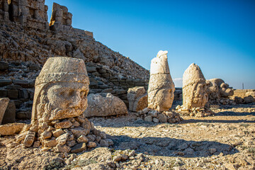 Antique statues on Nemrut mountain, Turkey. The UNESCO World Heritage Site at Mount Nemrut where...