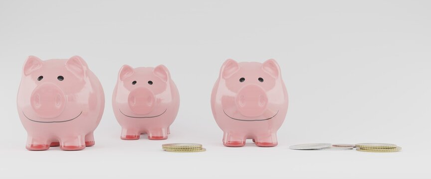 three pink piggy banks with some euro coins, concept image for saving money