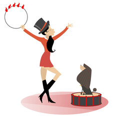 A dog trainer woman illustration. Smiling sexy young woman in the top hat holds a hoop and trains a dog isolated on white
