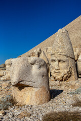 Antique statues on Nemrut mountain, Turkey. The UNESCO World Heritage Site at Mount Nemrut where...