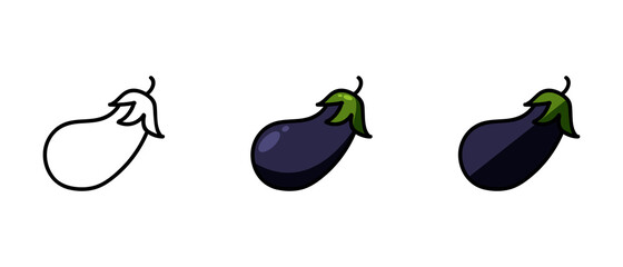 This is a set of icons with different styles of eggplant. Contour and colored symbols of eggplant. Freehand drawing. Stylish solution for a website.