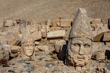 Antique statues on Nemrut mountain, Turkey. The UNESCO World Heritage Site at Mount Nemrut where...