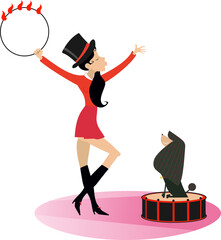 A dog trainer woman illustration. Smiling sexy young woman in the top hat holds a hoop and trains a dog isolated on white
