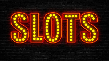Slots sign with orange lamps on black bricks background, gambling retro style