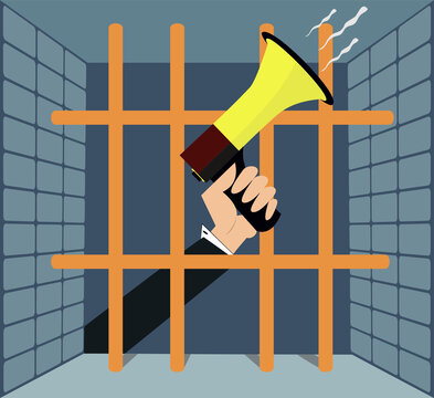 Hand with megaphone behind the bars illustration. Hand with megaphone behind the prison bars 

