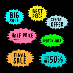 Handwritten set of  SALE stickers. Best Price, Special Offer, Final Season Sale, Up to 50 Off quotes