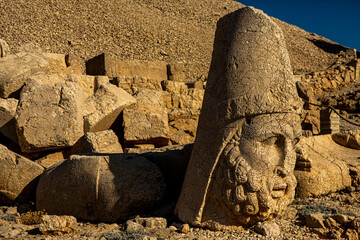 Antique statues on Nemrut mountain, Turkey. The UNESCO World Heritage Site at Mount Nemrut where...