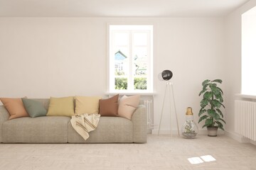 White living room with sofa. Scandinavian interior design. 3D illustration