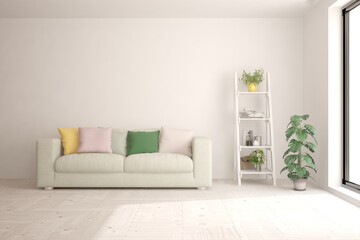 White living room with sofa. Scandinavian interior design. 3D illustration