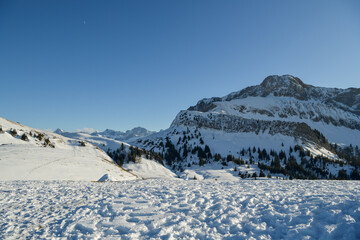 Fototapeta premium Snowy Oberbauenstock peak as seen from Niederbauen above the Emmetten village