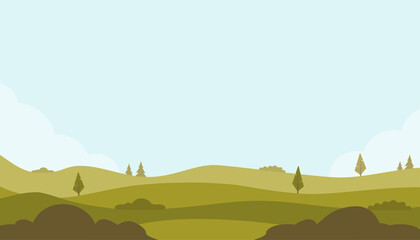 Beautiful fields landscape with a green hills, trees, bushes, bright color blue sky. Rural landscape. Countryside background for banner, animation. Vector flat illustration.