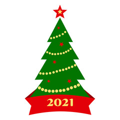 2021 Christmas tree icon with decoration and ribbon isolated on white background. Vector illustration