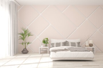 White bedroom interior. Scandinavian design. 3D illustration