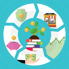 Financial literacy course concept. design by the books for wealth growth by knowledge of cash reserves, savings money, protect fund, invest in business and stock market investment. Vector illustration