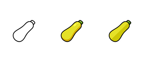 This is a set of icons with a different style of zucchini. Contour and colored symbols of zucchini. Freehand drawing. Stylish solution for a website.