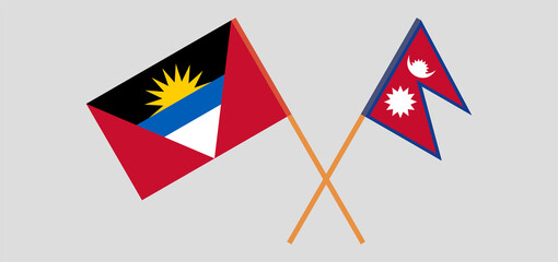 Crossed flags of Antigua and Barbuda and Nepal. Official colors. Correct proportion. Vector illustration
