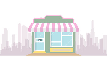 Storefront in city vector illustration, restaurant cafe or store building on town street landscape, flat cartoon style shop facade front view