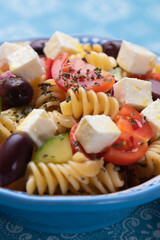 Cheese salad with pasta and fresh vegetables