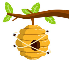 Hive. Yellow beehive. House of wasp and insect on tree. Honey production. Branch with leaves. Flat cartoon illustration. Element of nature and forests