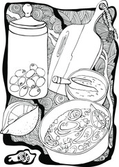 vector illustration from a glass storage jar with olives,cutting board,bowl of rice and squid rings,lemon,doodle