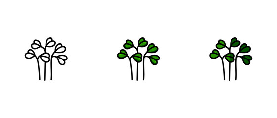 This is a set of icons with different watercress styles. Outline and colored symbols of watercress. Freehand drawing. Stylish solution for a website.