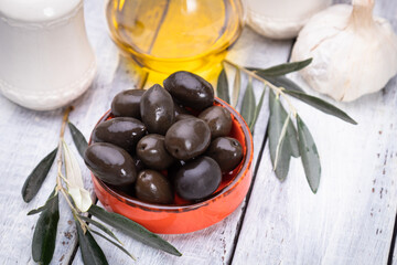 Pickled olives ready to eat, healthy food used in mediterranean cuisines