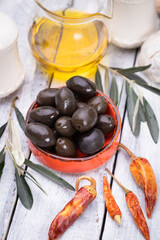 Pickled olives ready to eat, healthy food used in mediterranean cuisines