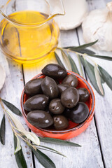 Pickled olives ready to eat, healthy food used in mediterranean cuisines