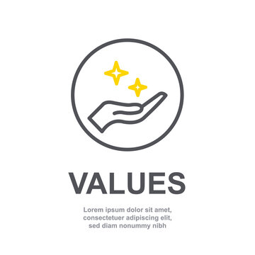 Core values of company icon with simple text. Web page for employee template design vector element. Modern design. Abstract flat icon. Sparkles in hand business concept of company care V3