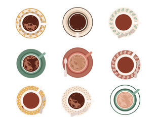Set of coffee cup with foam and saucer with different patterns flat vector illustration isolated on white background collection of mug top view