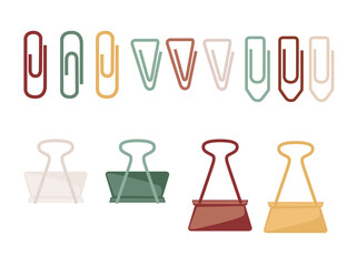 Paper metal clip set with different color office supply collection flat vector illustration isolated on white background