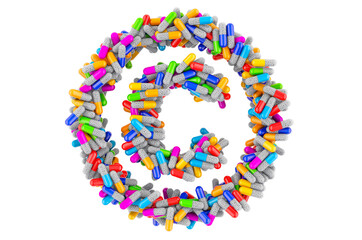 Copyright symbol from colored capsules. 3D rendering