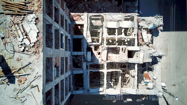 Aerial view of the ruined building at the city center.