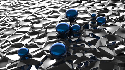 blue shiny drops on low poly reflecting sliver surface - 3d illustration