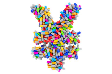 Yen or yuan symbol from colored capsules. 3D rendering