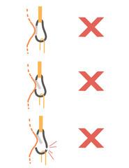 Simple tips how to use metal carabiner in tourism wrong use flat vector illustration isolated on white background