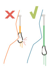 Simple tips how to use metal carabiner in tourism wrong and correct use flat vector illustration isolated on white background