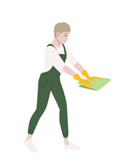 Professional cleaner man wearing green uniform use yellow rubber gloves and green rag cleaning process cartoon character design flat vector illustration isolated on white background