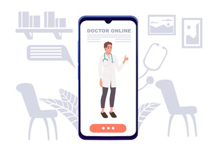 Modern concept online medicine smartphone app doctor online medical assistance flat vector illustration cartoon character design