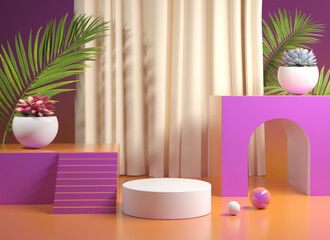 Podium Stage With Gradient Colorful With Plants 3d Render