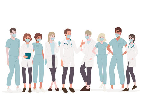 Characters of cute cartoon doctors and nurses wearing surgical face mask male and female medicine workers flat vector illustration