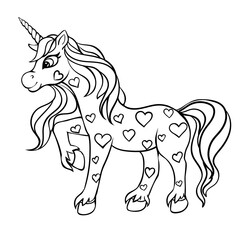 Cute magical unicorn with hearts. Coloring picture.