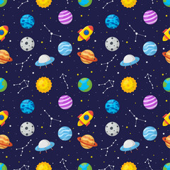 Fototapeta na wymiar seamless pattern cartoon space. planets isolated on blue background. vector illustration.