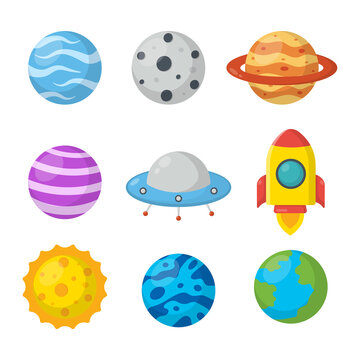 set of space icons. planets cartoon style. isolated on white background. vector illustration.